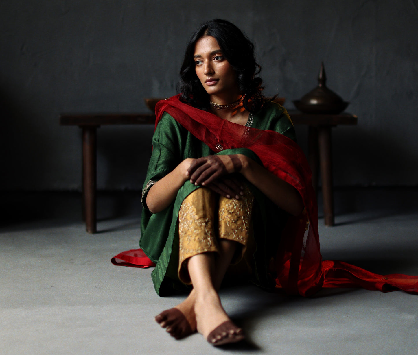 Empireline Kurta in Emerald Green Raw Silk with Shalwar