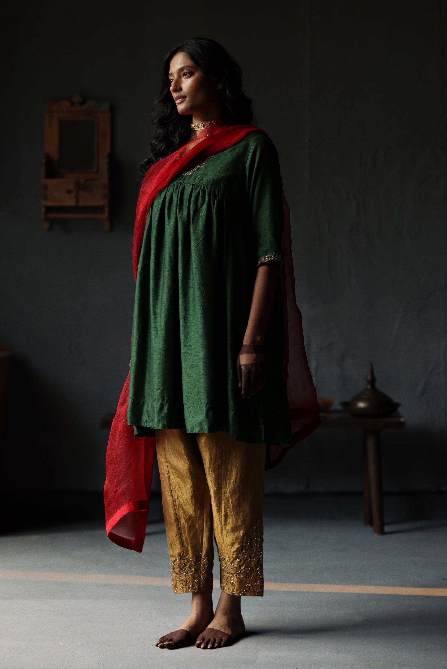 Empireline Kurta in Emerald Green Raw Silk with Shalwar