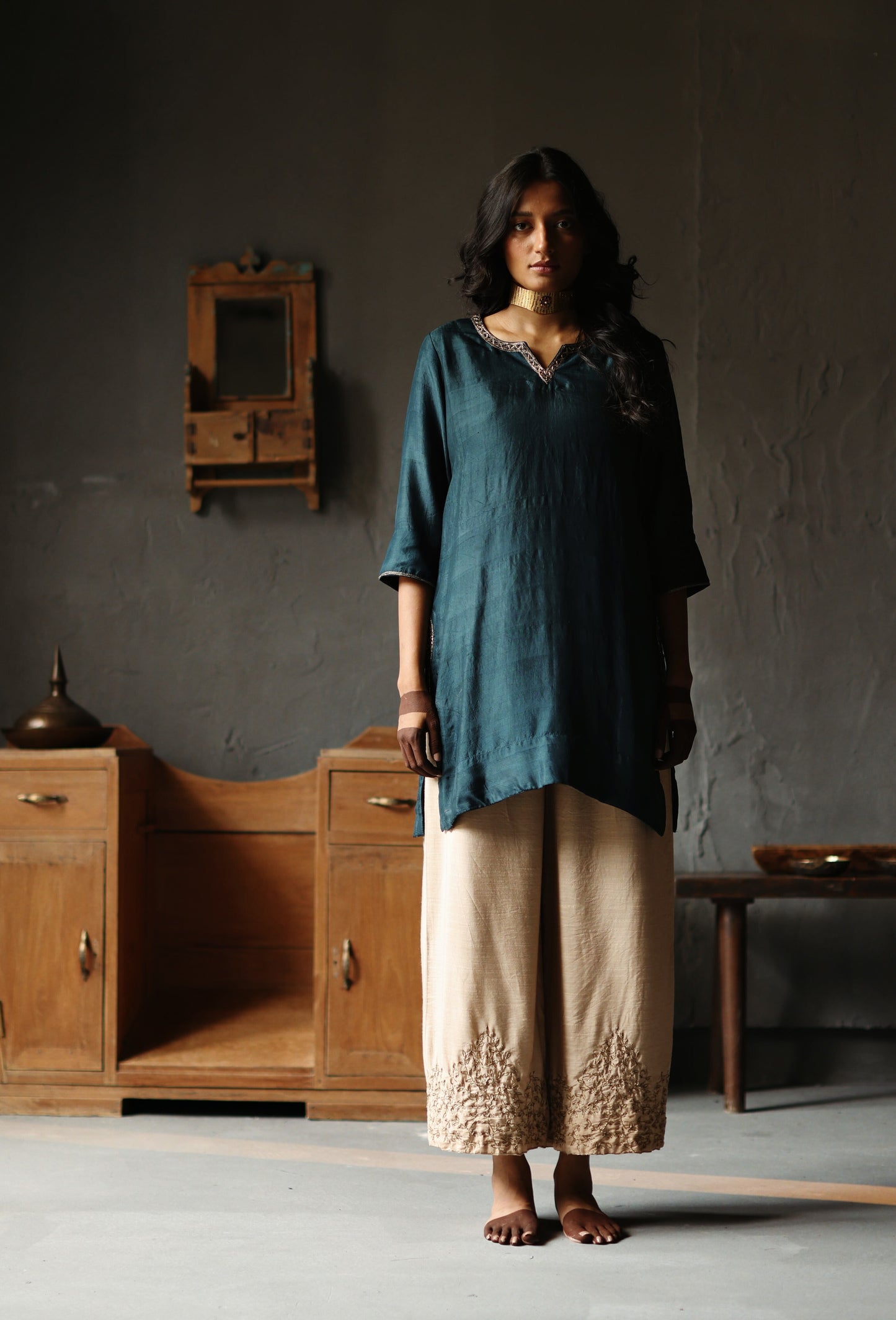 Anisa Kurta in Sapphire Teal Silk with Farshi