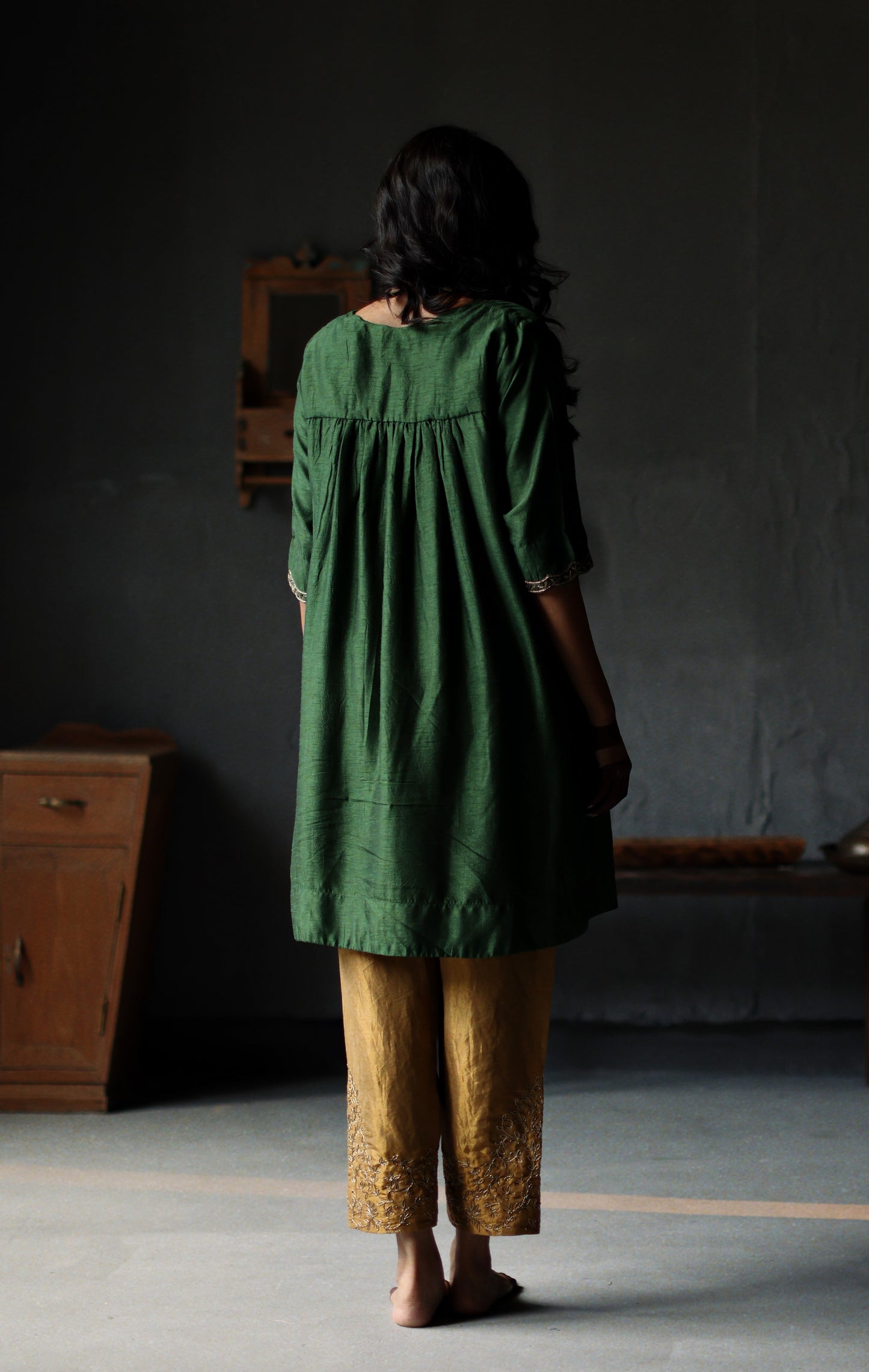 Empireline Kurta in Emerald Green Raw Silk with Shalwar