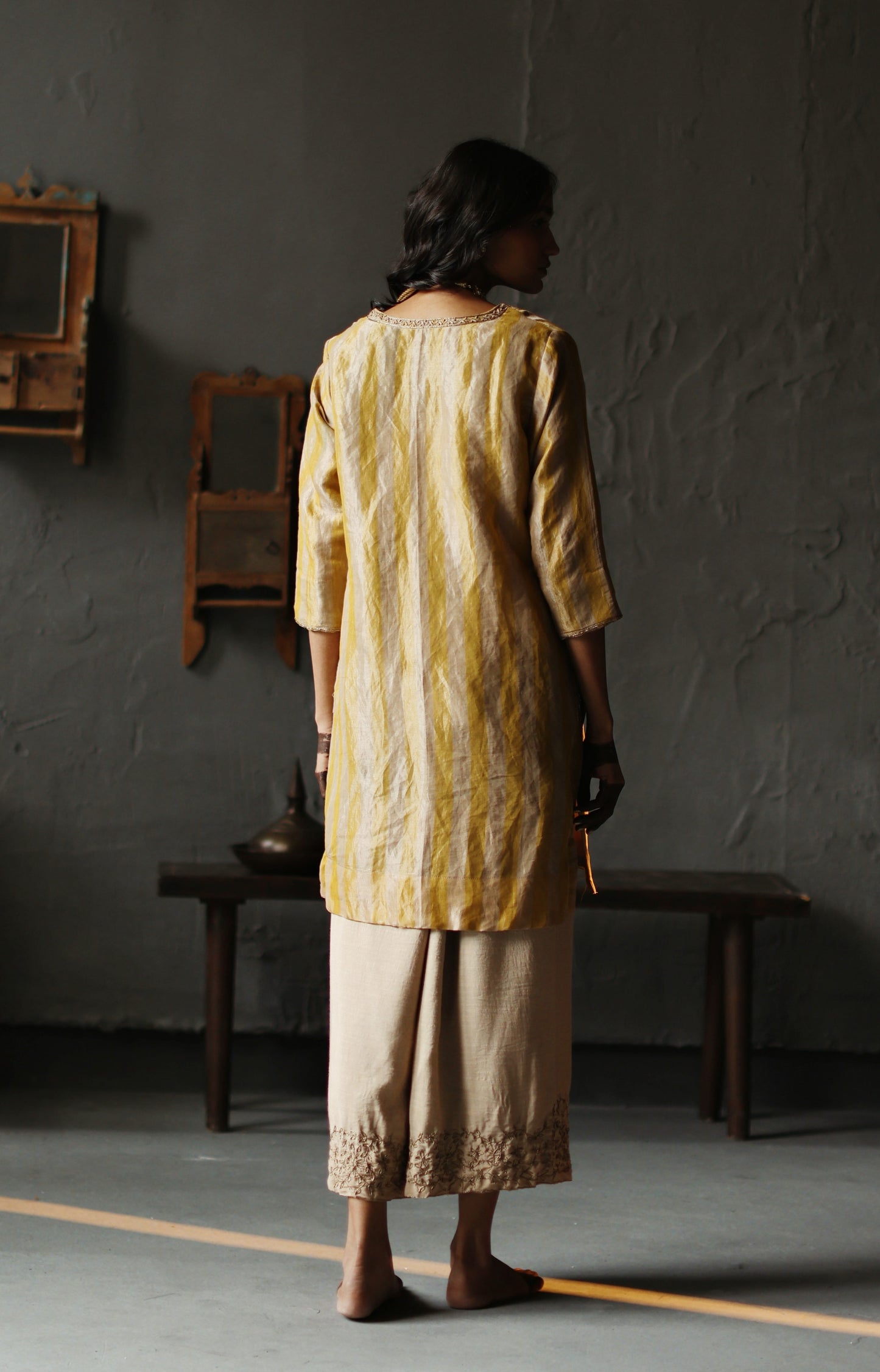 Anisa Kurta in Topaz Yellow Tissue stripes Chanderi with Farshi