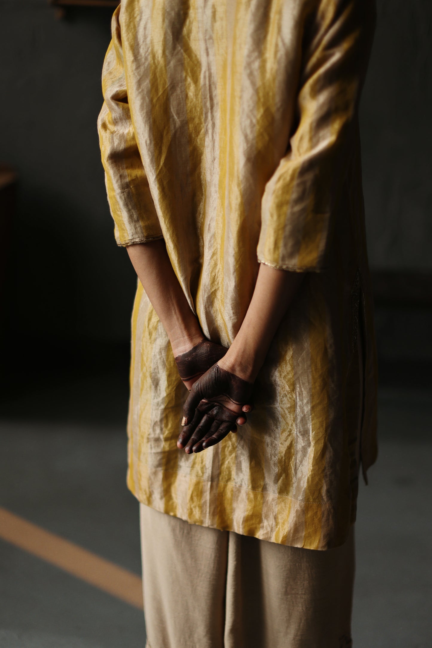 Anisa Kurta in Topaz Yellow Tissue stripes Chanderi with Farshi