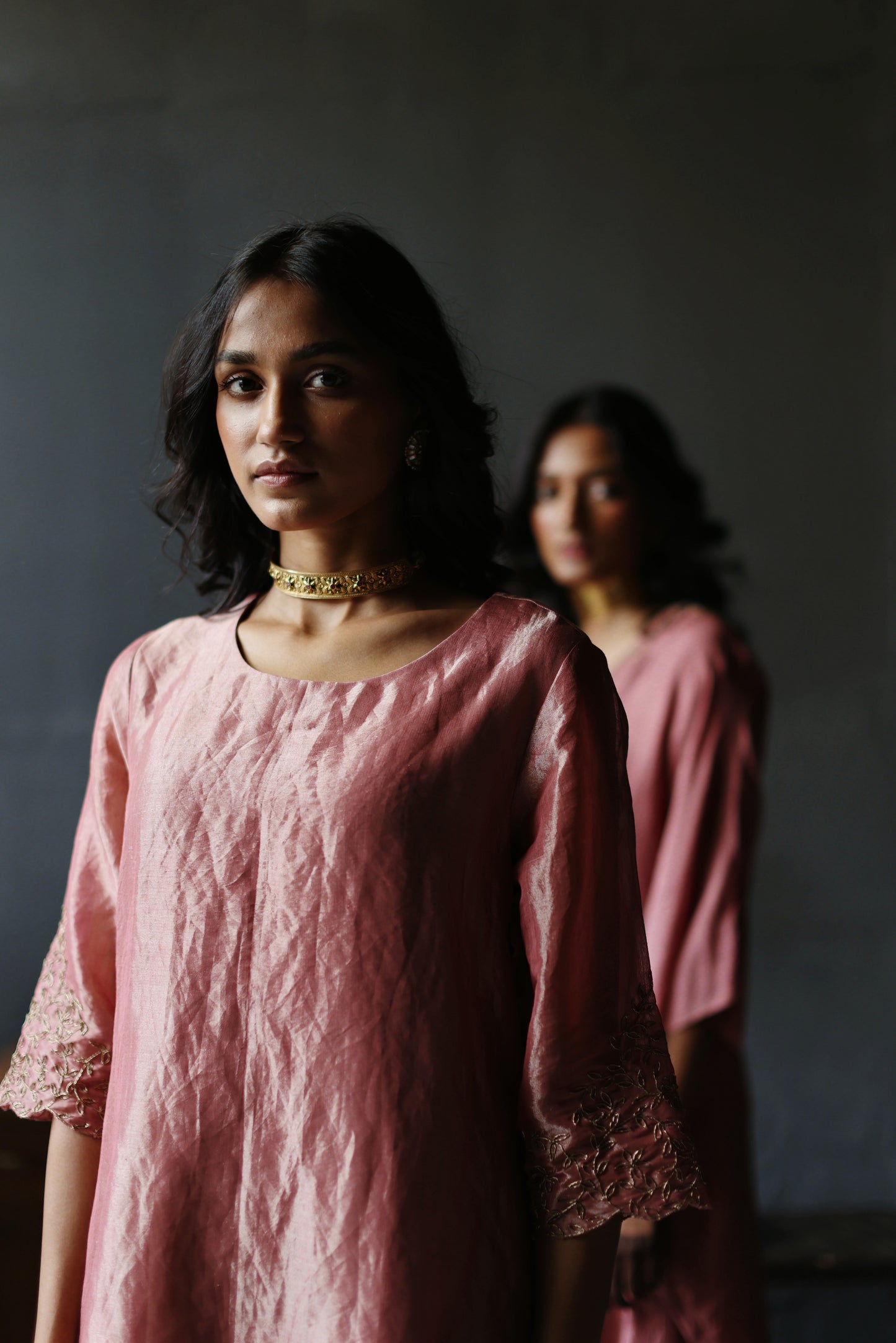 Asymmetrical Dress in Amethyst Pink Tissue with Pants