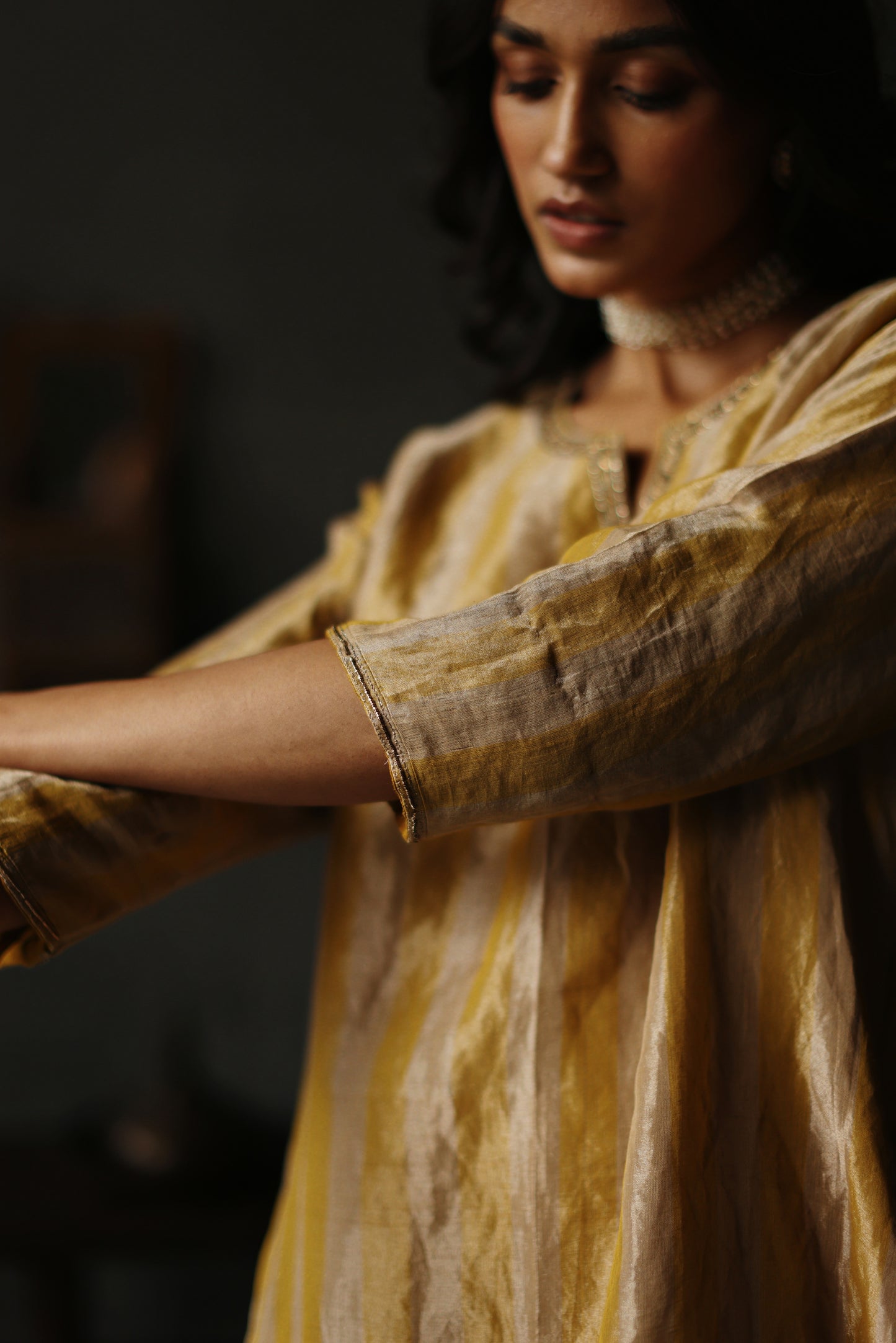 Anisa Kurta in Topaz Yellow Tissue stripes Chanderi with Farshi