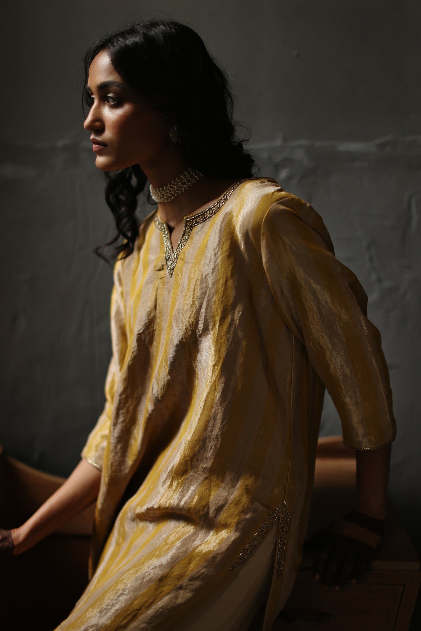 Anisa Kurta in Topaz Yellow Tissue stripes Chanderi with Farshi