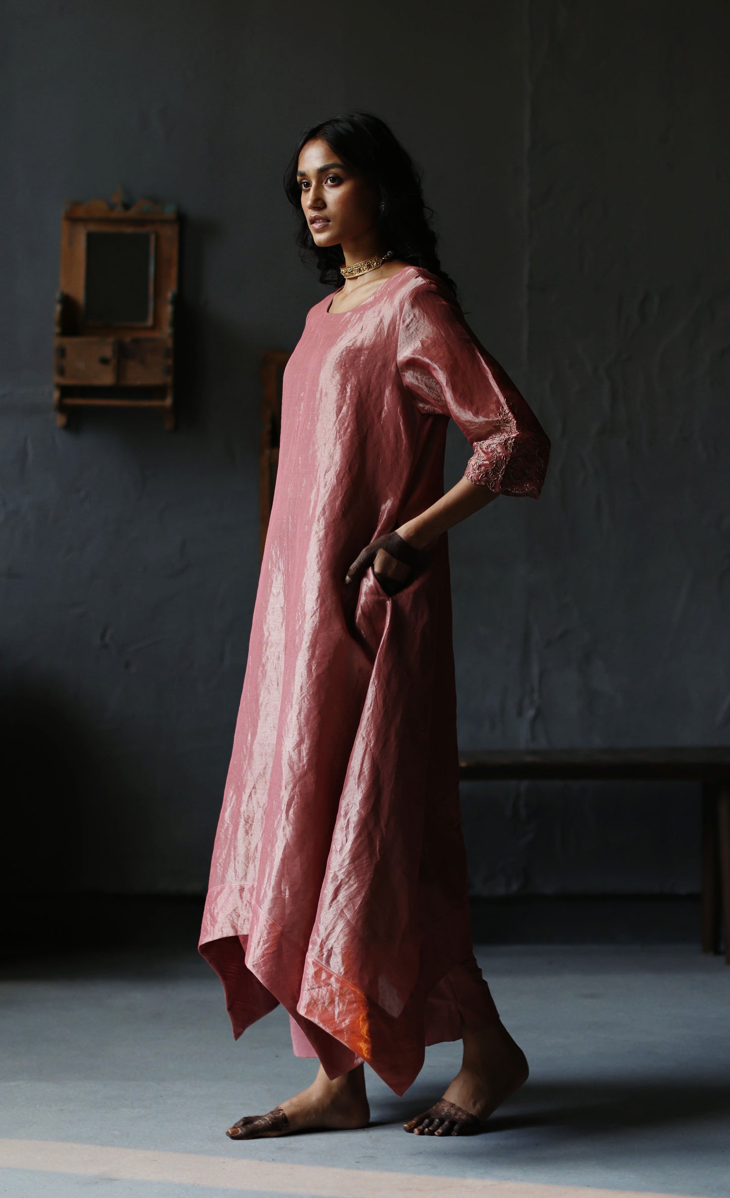 Asymmetrical Dress in Amethyst Pink Tissue with Pants