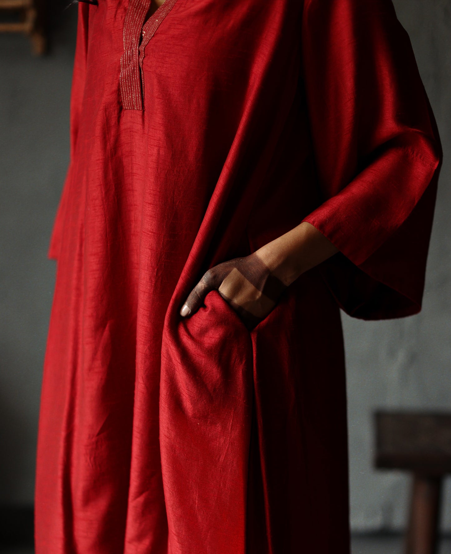 Ooch Neech in Ruby Red Raw Silk with Farshi