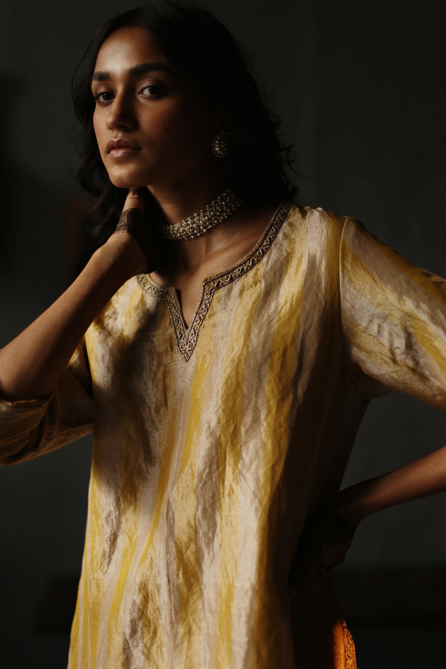 Anisa Kurta in Topaz Yellow Tissue stripes Chanderi with Farshi
