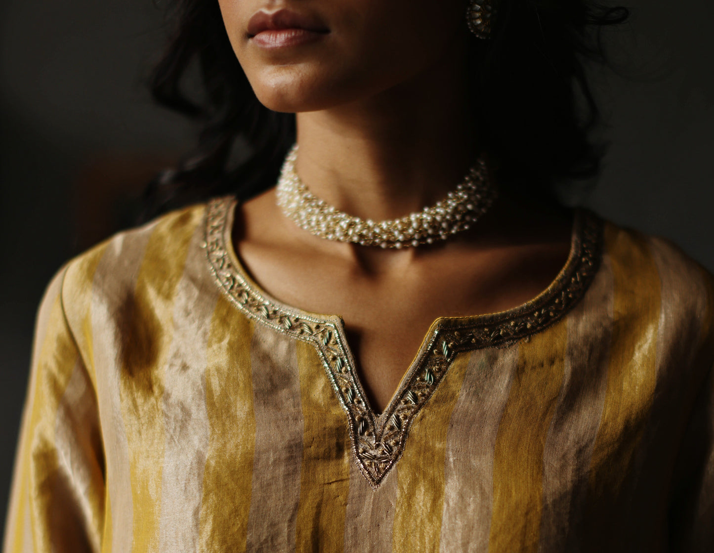 Anisa Kurta in Topaz Yellow Tissue stripes Chanderi with Farshi