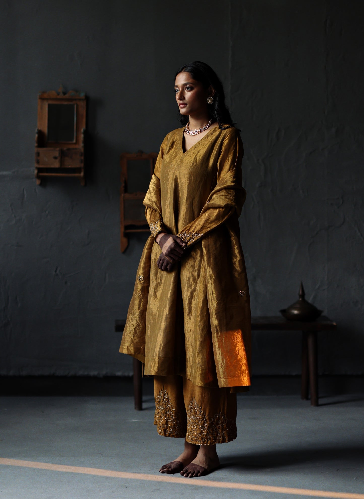 Dupatta in Half and Half Vintage Gold Tissue