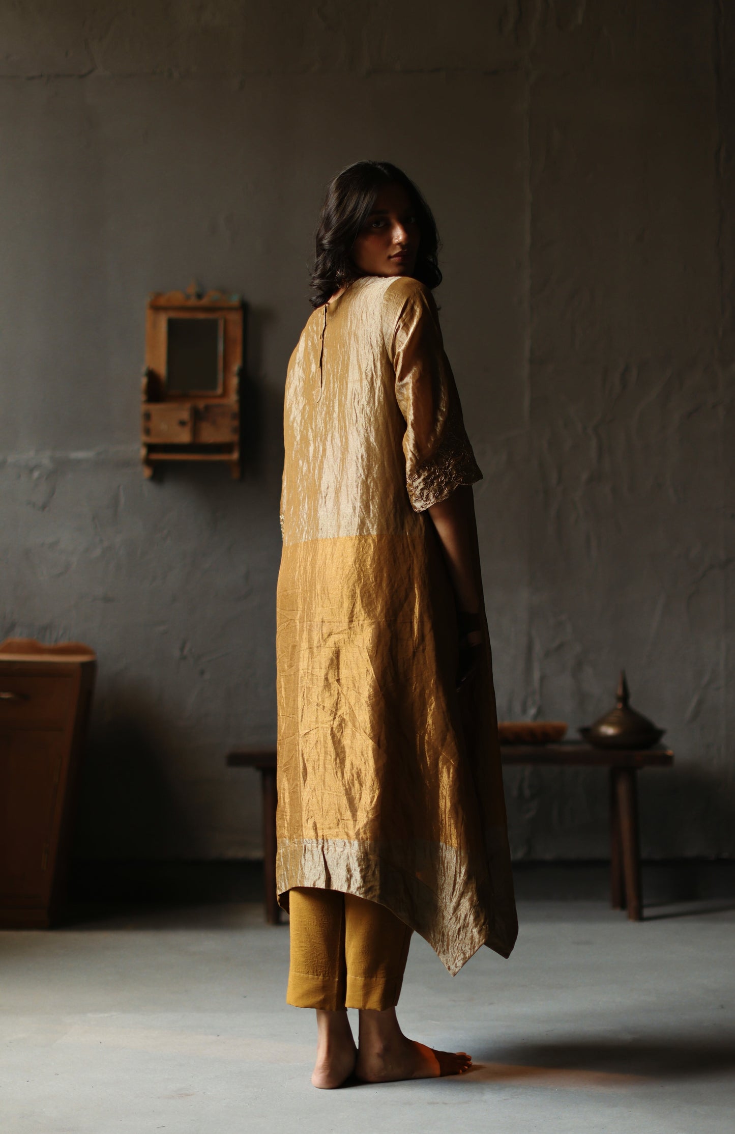Asymmetrical Dress in Vintage Gold Tissue with Pants
