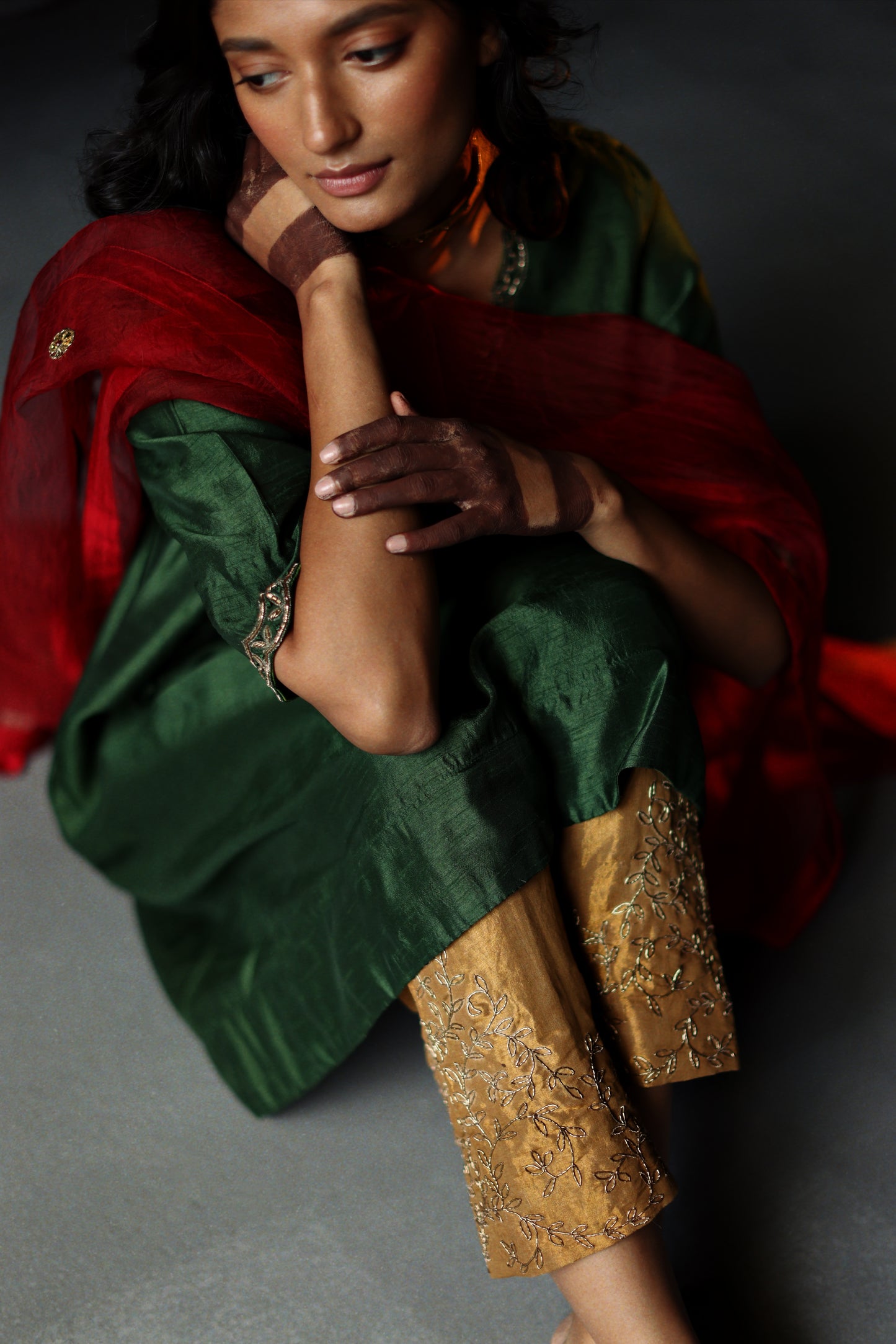 Empireline Kurta in Emerald Green Raw Silk with Shalwar