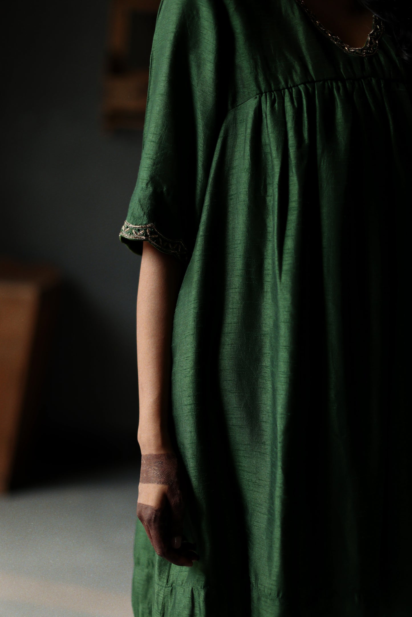 Empireline Kurta in Emerald Green Raw Silk with Shalwar
