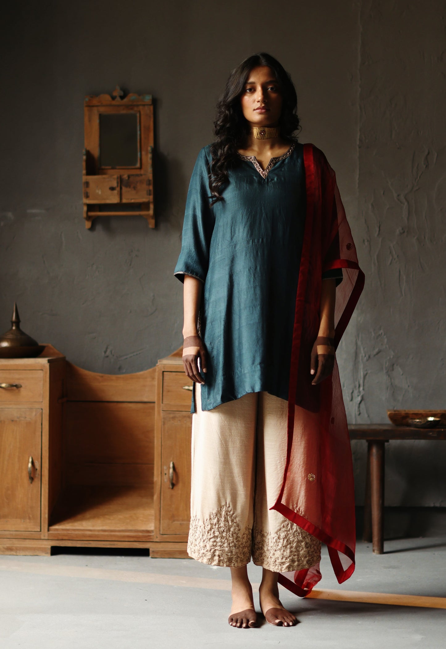 Anisa Kurta in Sapphire Teal Silk with Farshi