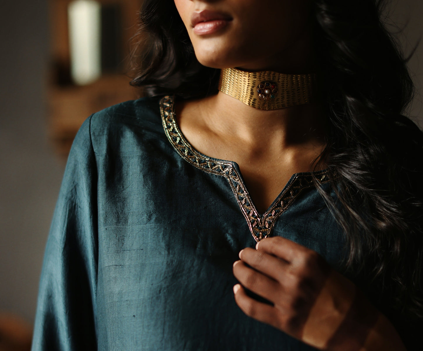 Anisa Kurta in Sapphire Teal Silk with Farshi