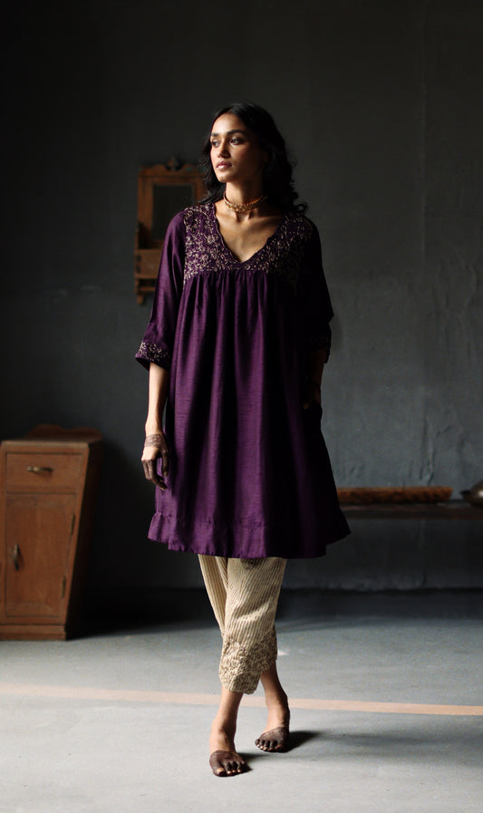 Empireline Kurta in Garnet Purple Raw Silk with Shalwar