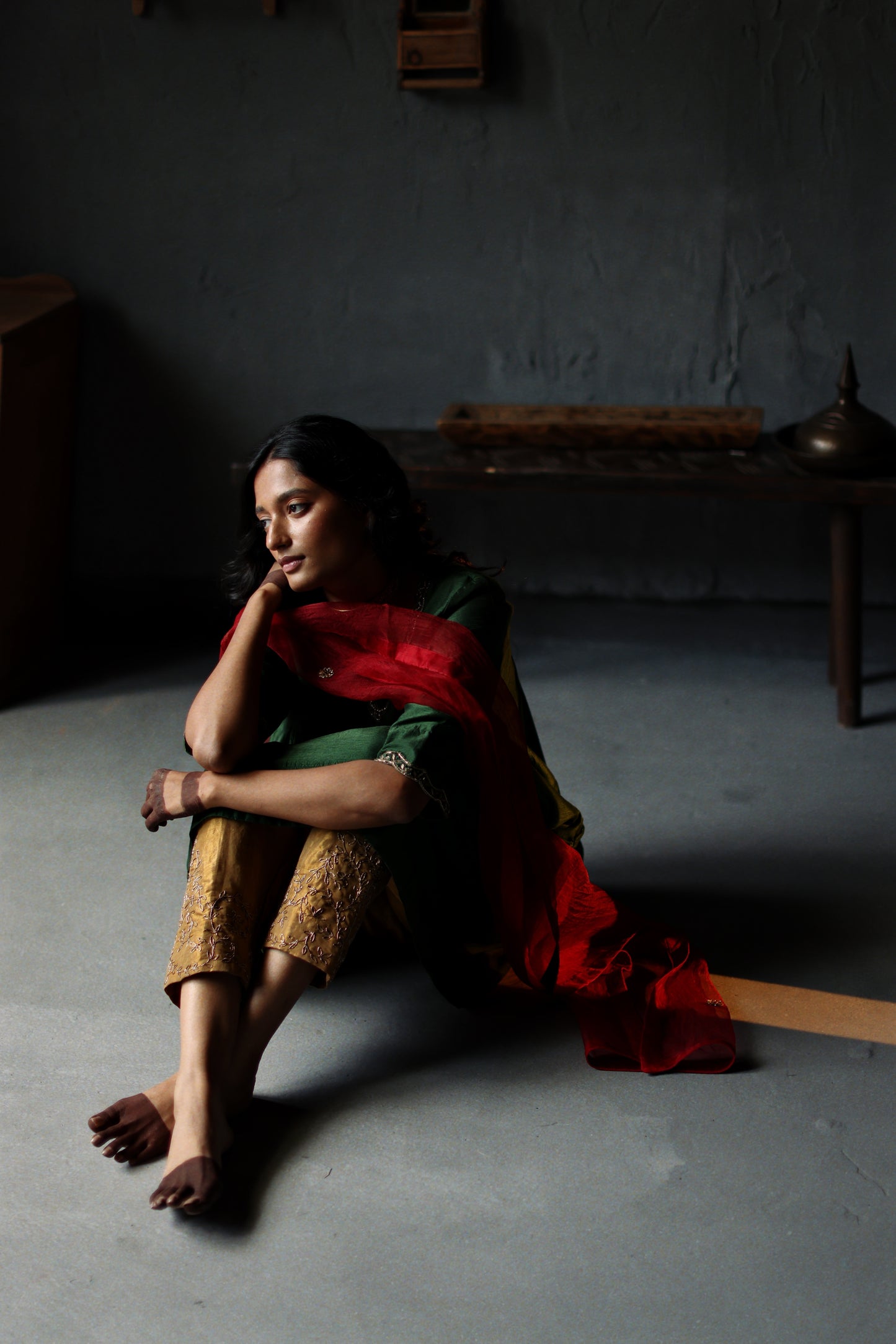Empireline Kurta in Emerald Green Raw Silk with Shalwar