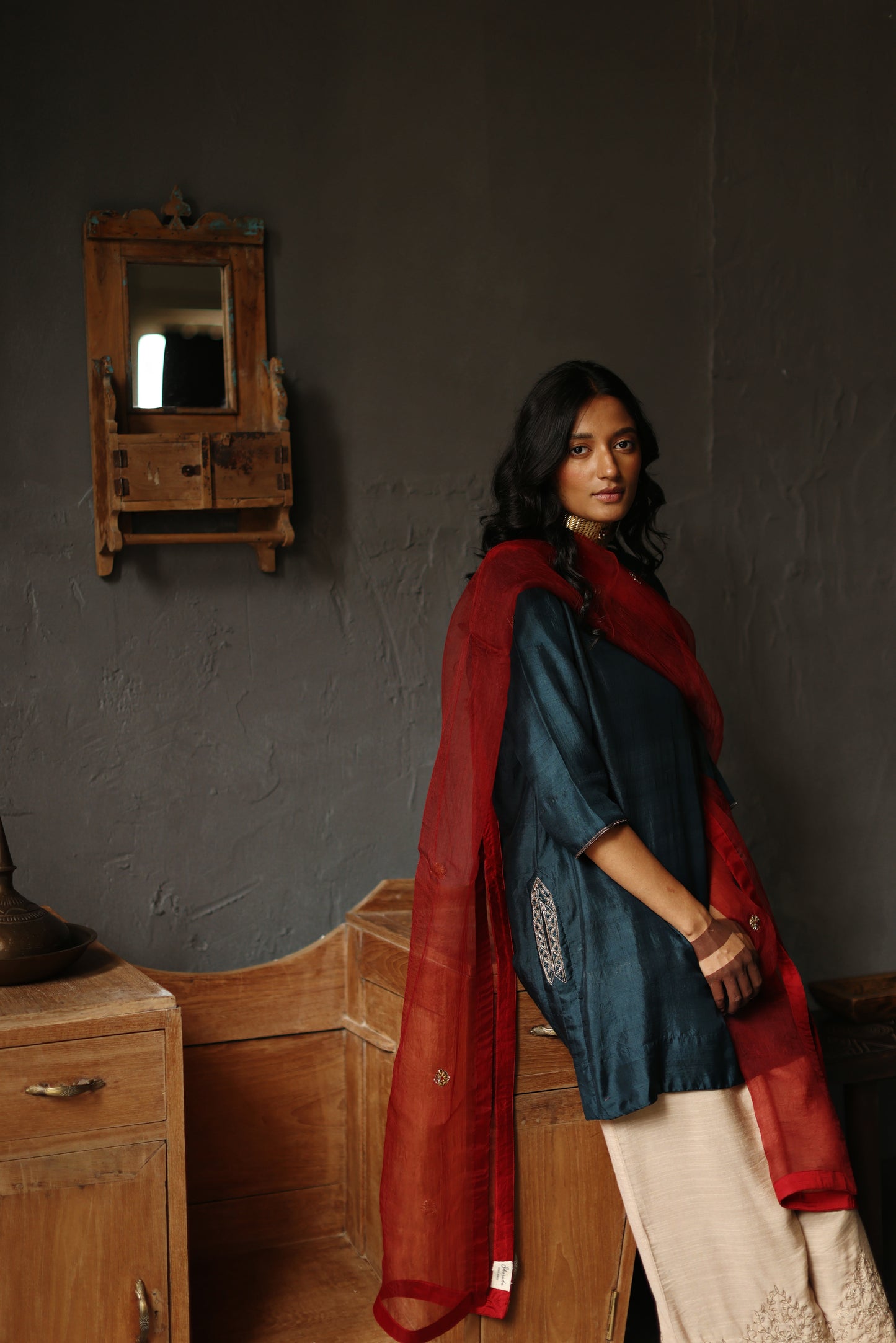 Anisa Kurta in Sapphire Teal Silk with Farshi
