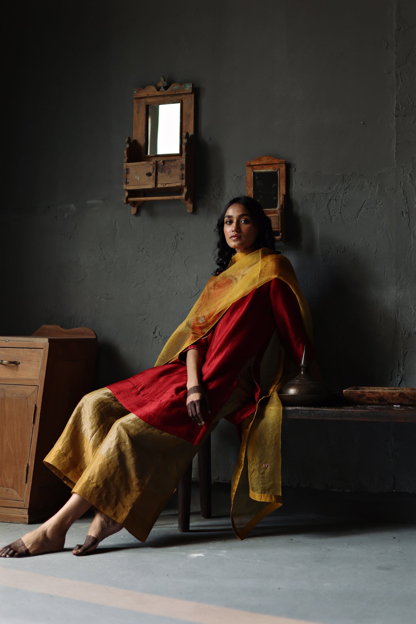 Anisa Kurta in Ruby Red Silk with Farshi
