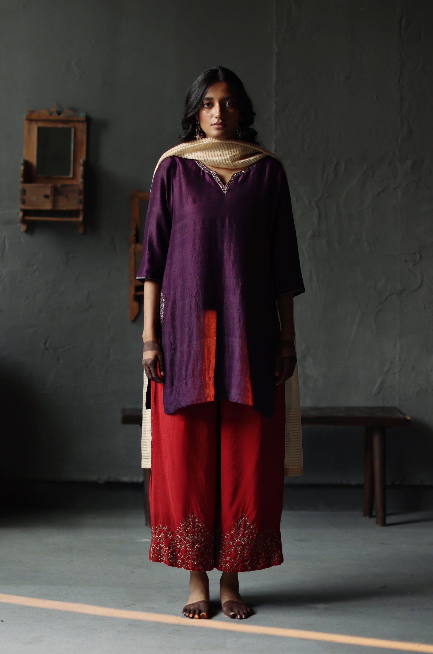 Anisa Kurta in Garnet Purple Silk with Farshi