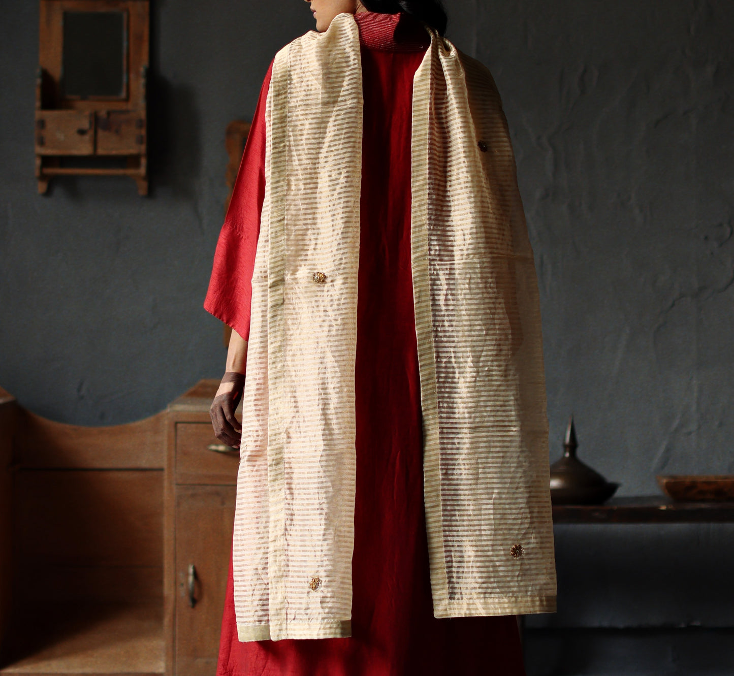 Dupatta in Pearl White Tissue Stripes Chanderi