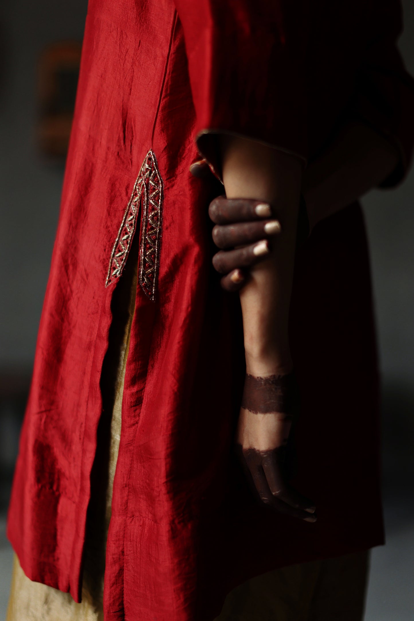 Anisa Kurta in Ruby Red Silk with Farshi