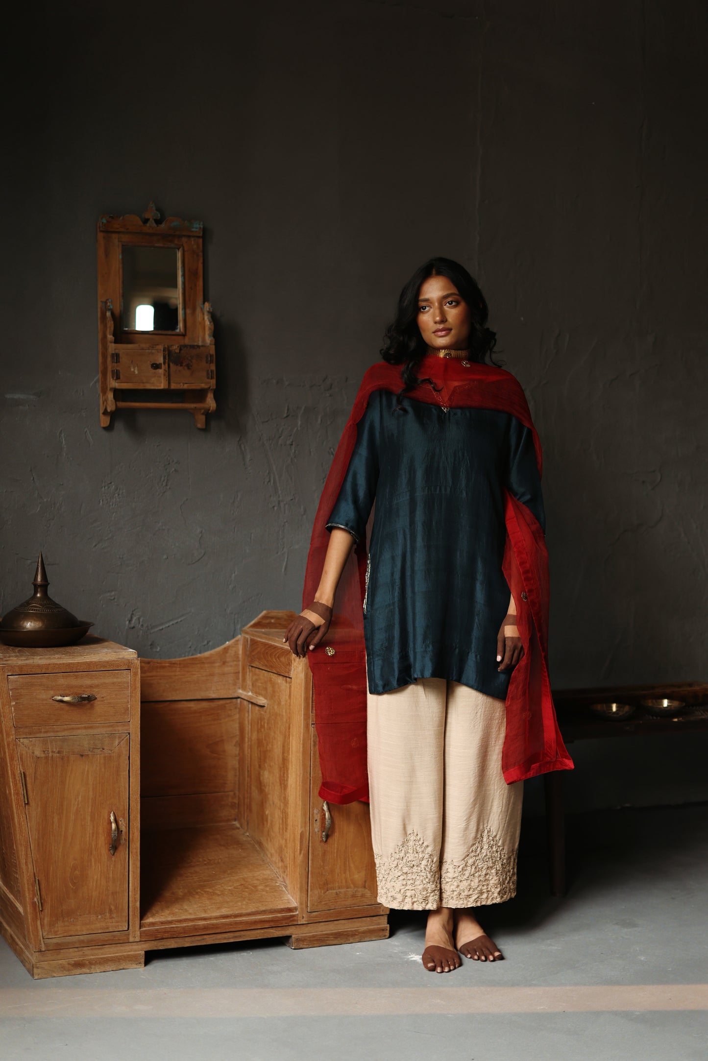 Anisa Kurta in Sapphire Teal Silk with Farshi