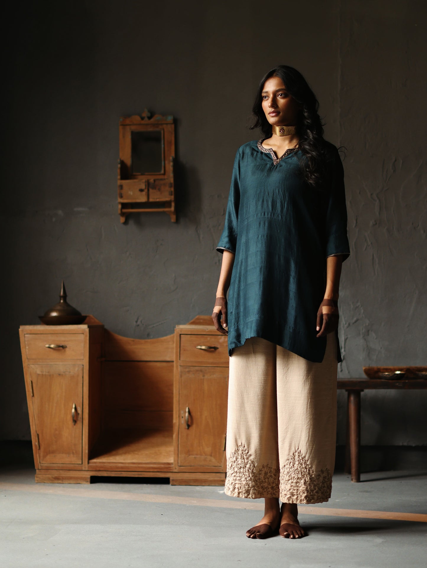 Anisa Kurta in Sapphire Teal Silk with Farshi