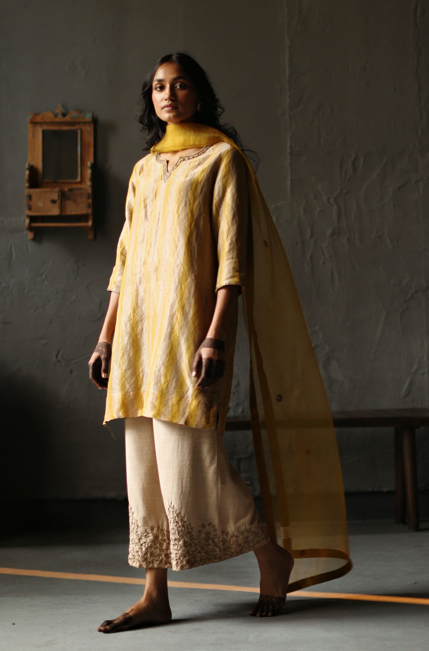 Anisa Kurta in Topaz Yellow Tissue stripes Chanderi with Farshi
