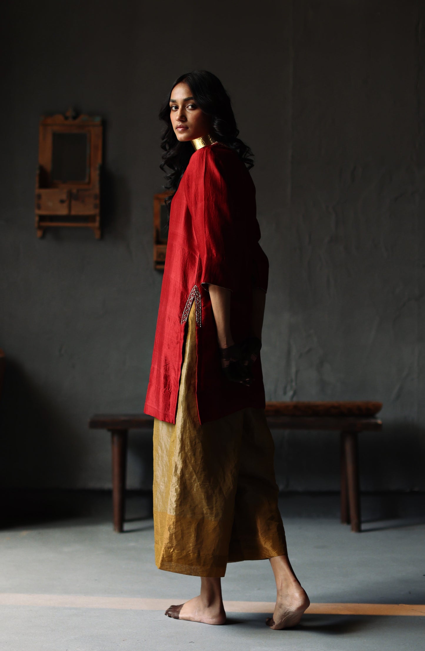 Anisa Kurta in Ruby Red Silk with Farshi