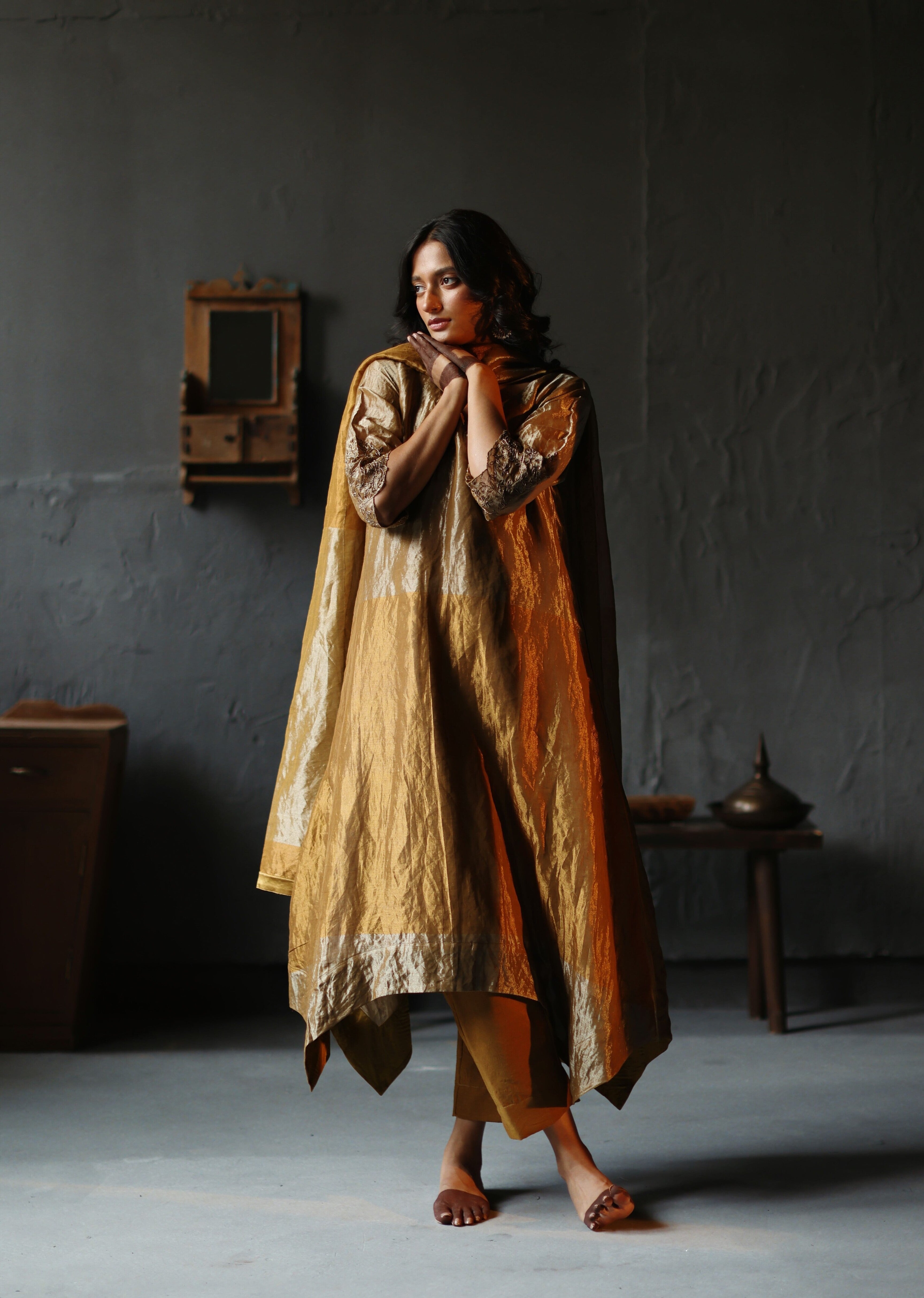 Asymmetrical Dress in Vintage Gold Tissue with Pants – Shorshe Clothing