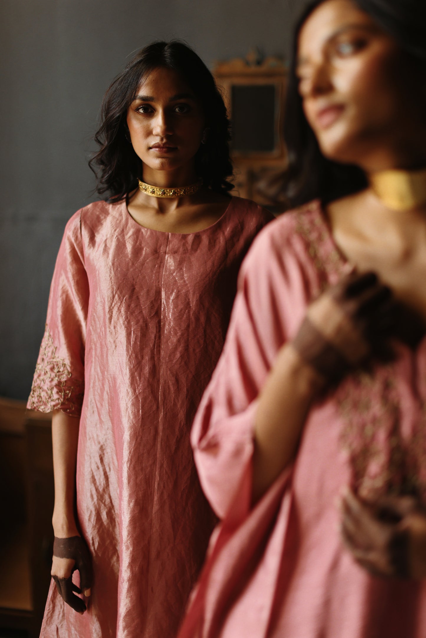 Asymmetrical Dress in Amethyst Pink Tissue with Pants