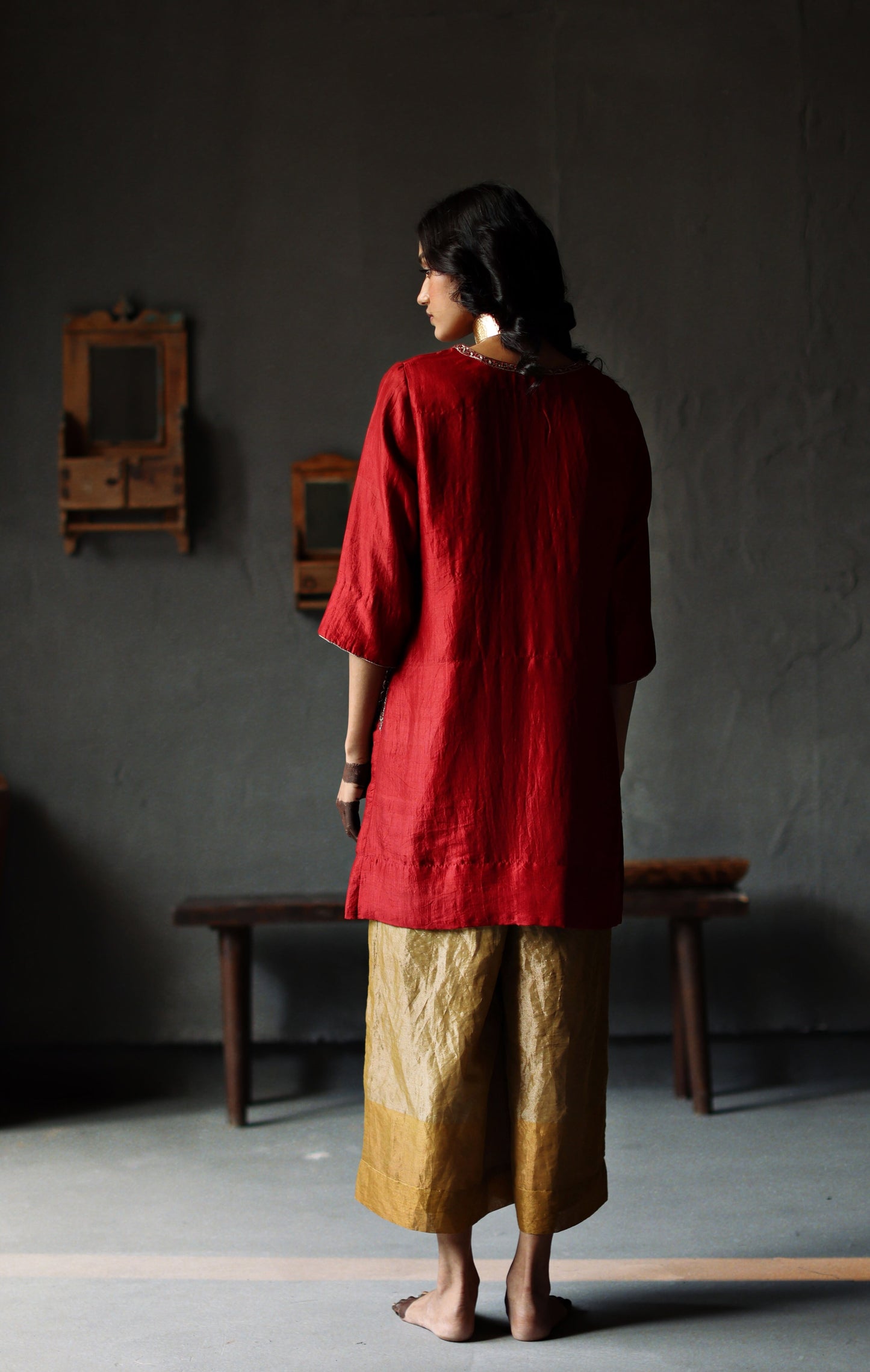 Anisa Kurta in Ruby Red Silk with Farshi