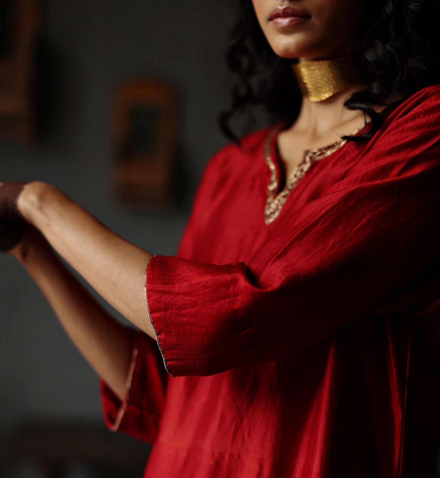 Anisa Kurta in Ruby Red Silk with Farshi