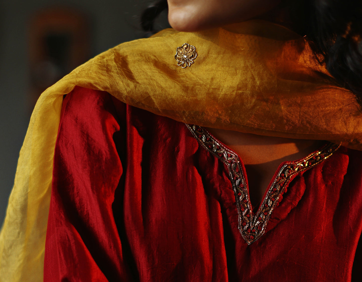 Anisa Kurta in Ruby Red Silk with Farshi