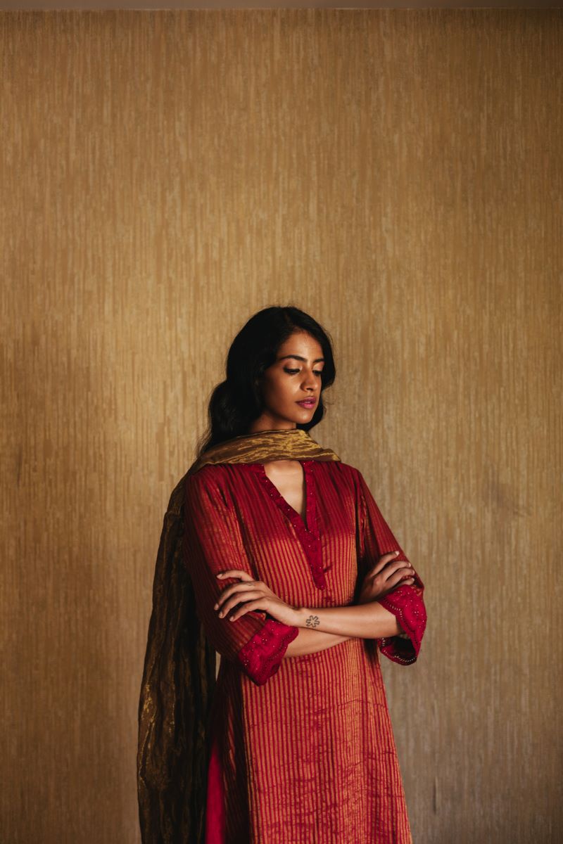 Maxi Kurta In Red Tissue Stripe Cotton With Palazzo
