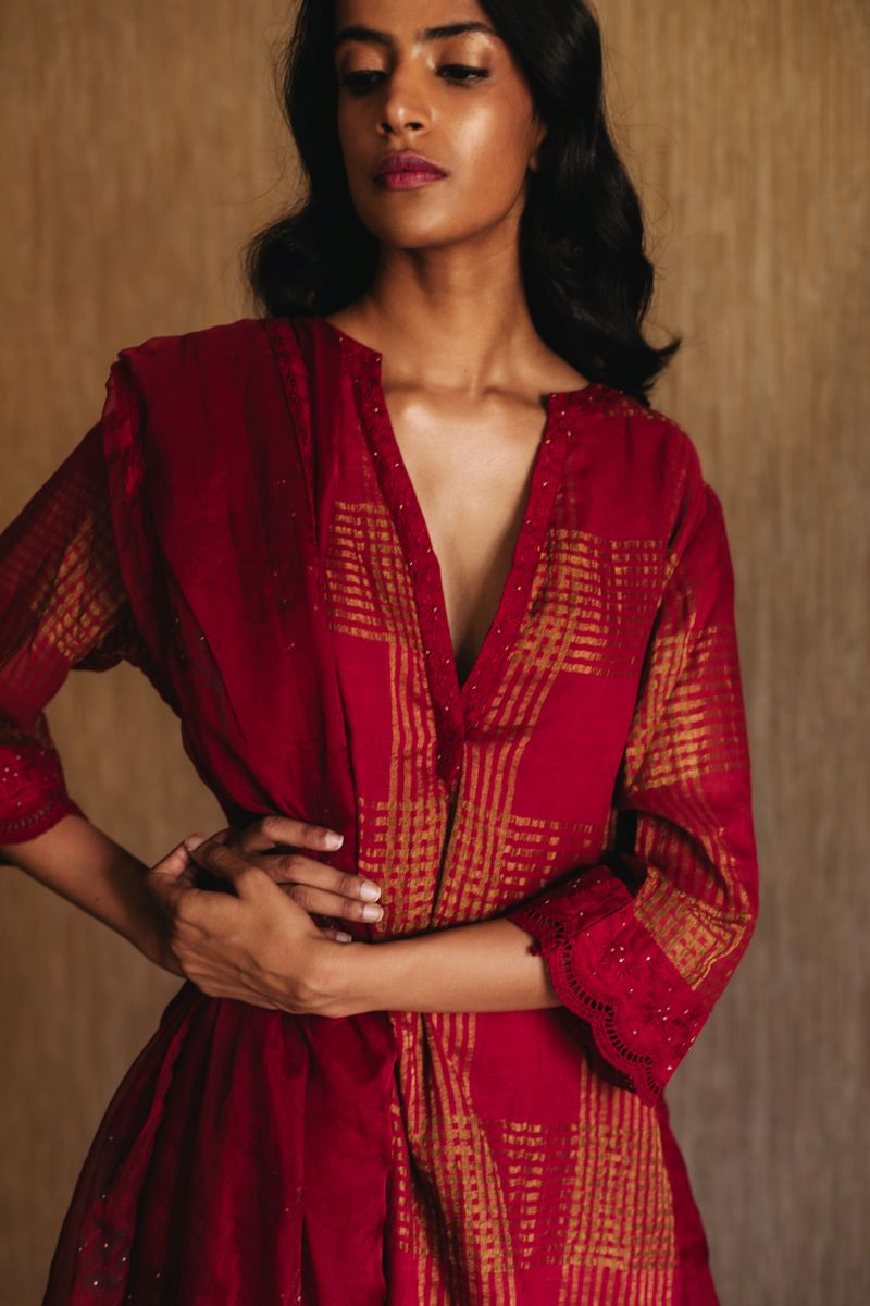 Mini Kurta In Red Handwoven Gold Zari Checks With Shalwar