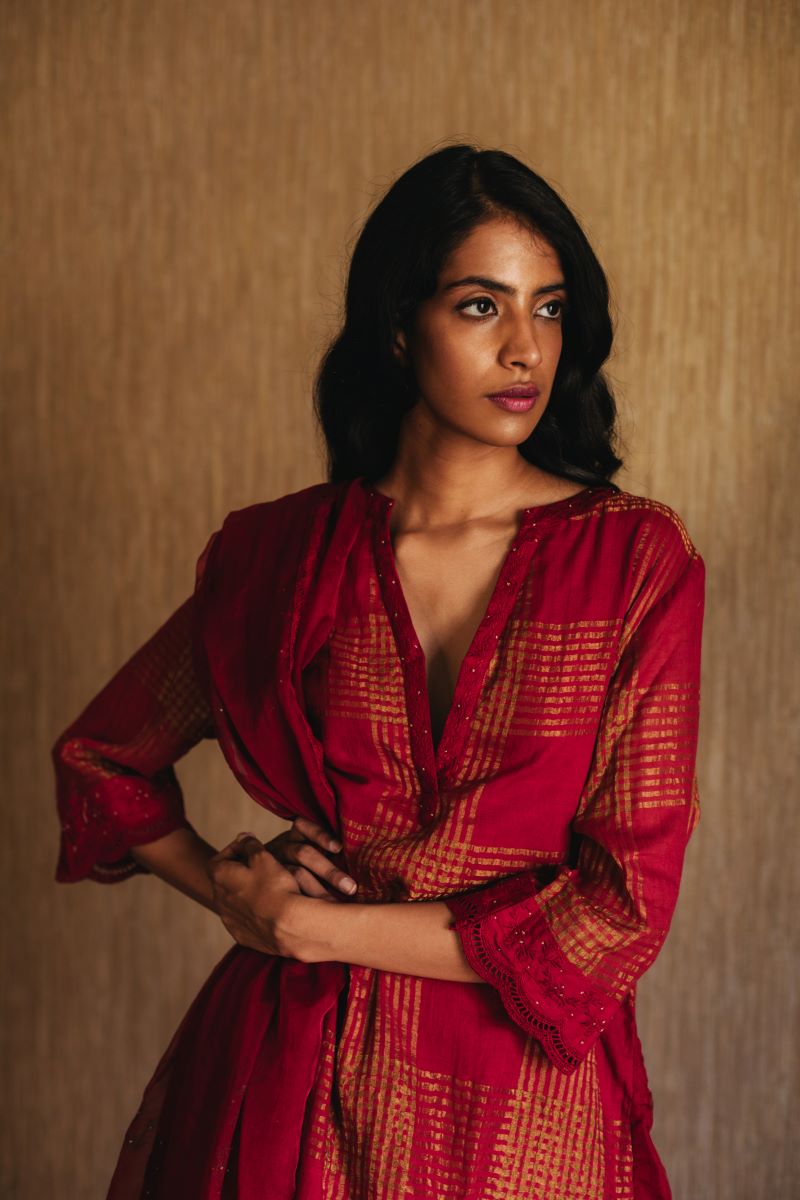 Mini Kurta In Red Handwoven Gold Zari Checks With Shalwar