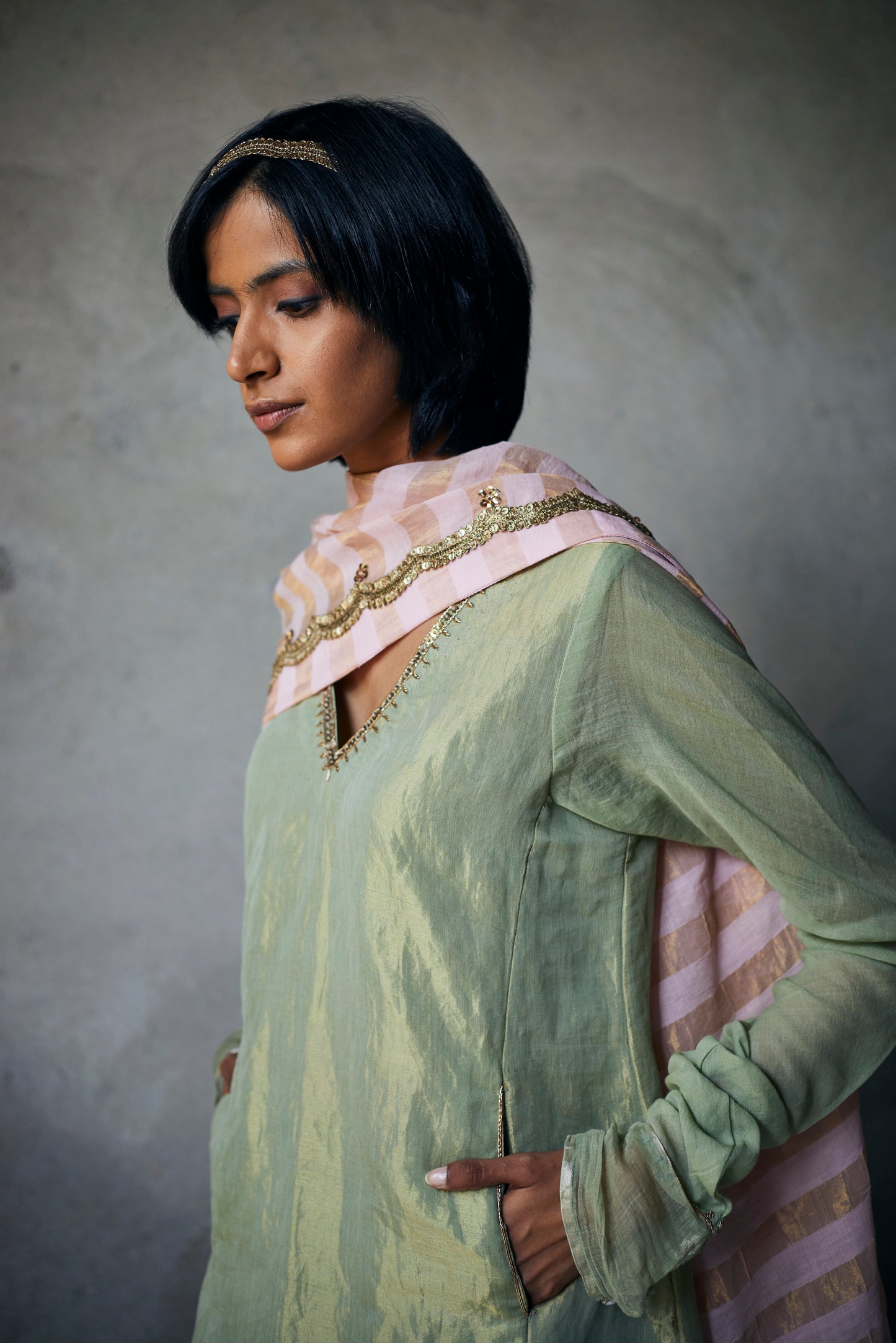 Maxi Kurta In Pista Gold Tissue With Slightly Flared Pants