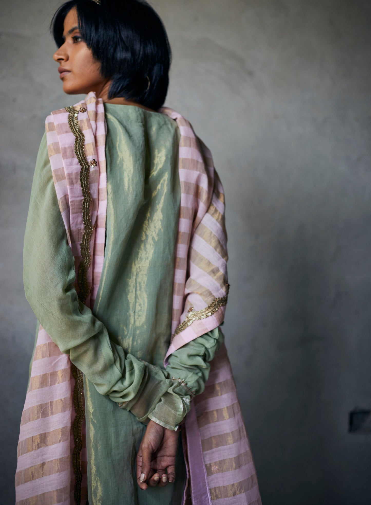 Maxi Kurta In Pista Gold Tissue With Slightly Flared Pants