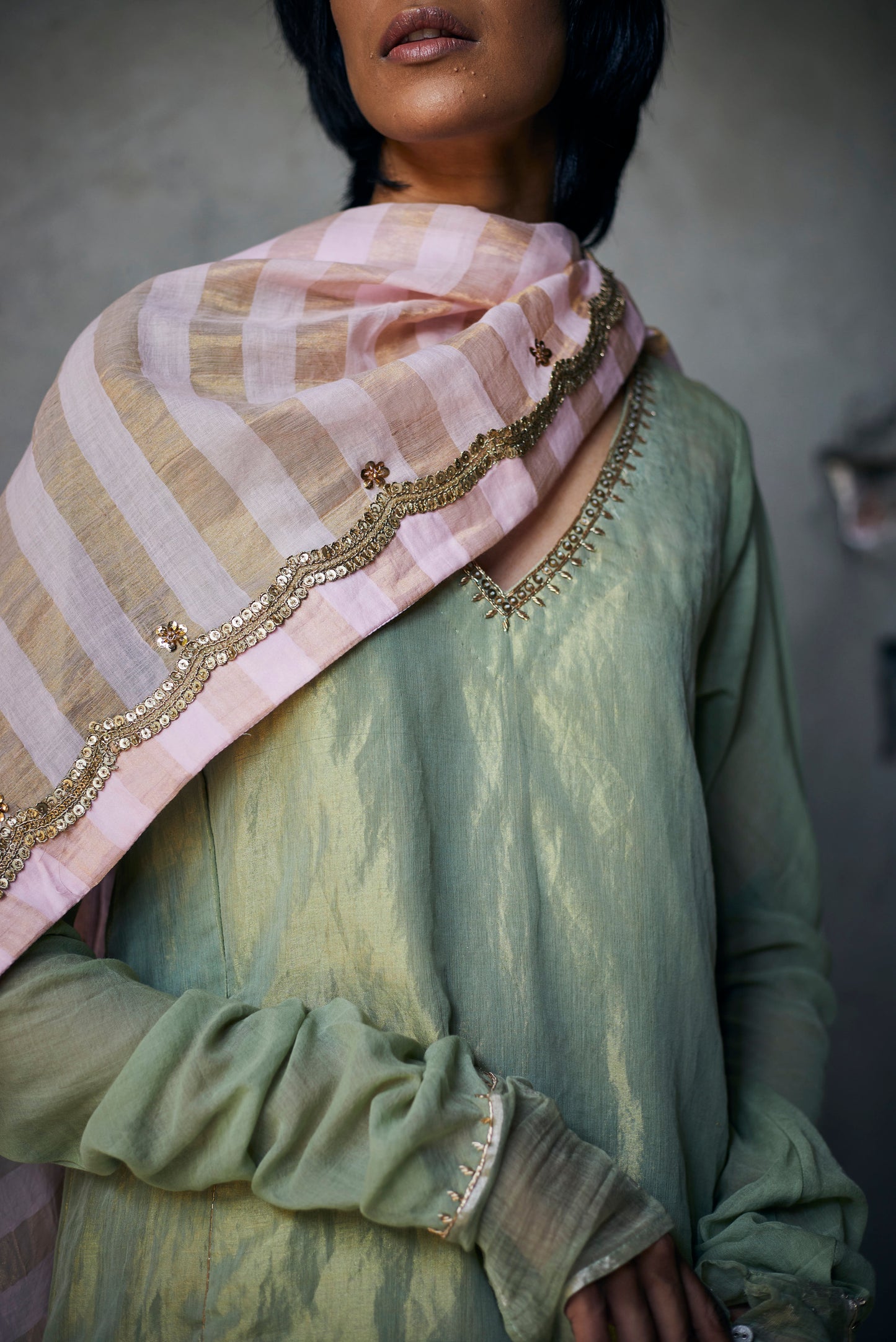 Maxi Kurta In Pista Gold Tissue With Slightly Flared Pants