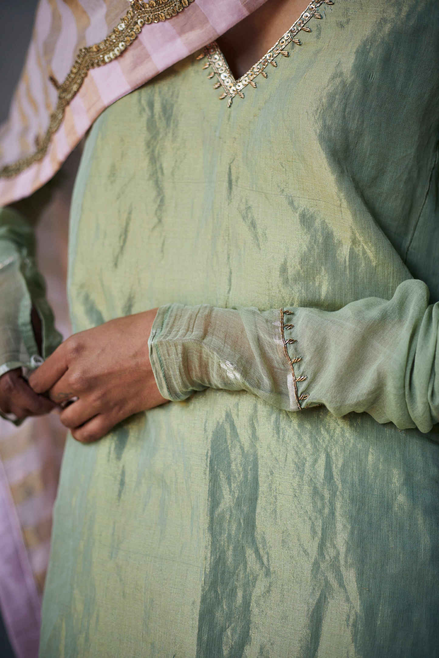 Maxi Kurta In Pista Gold Tissue With Slightly Flared Pants