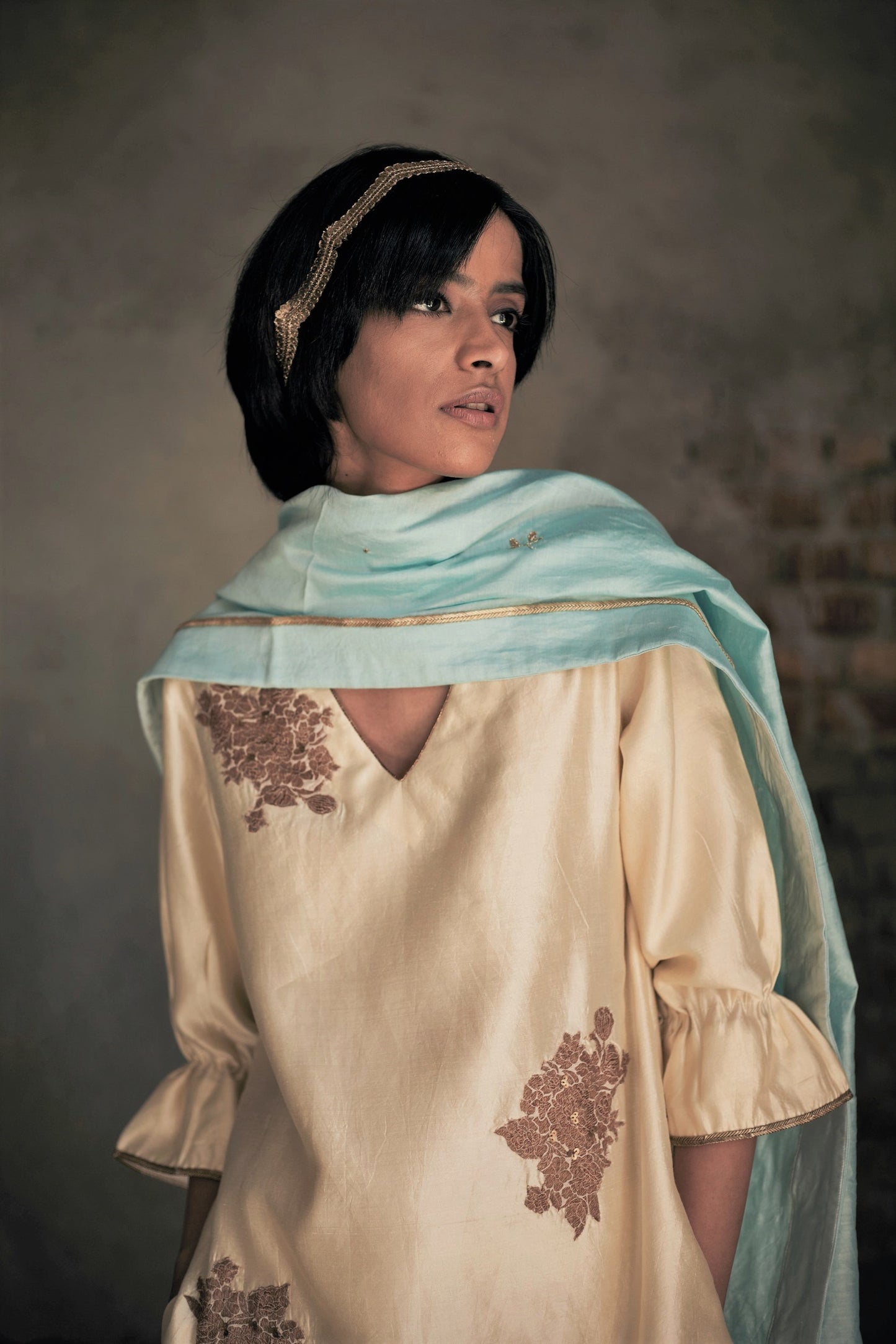 Dupatta In Turquoise Chanderi With Embroidery