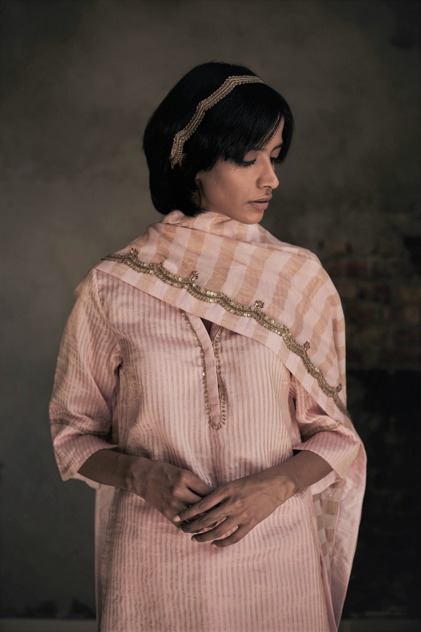 Dupatta In Baby Pink Tissue Stripes