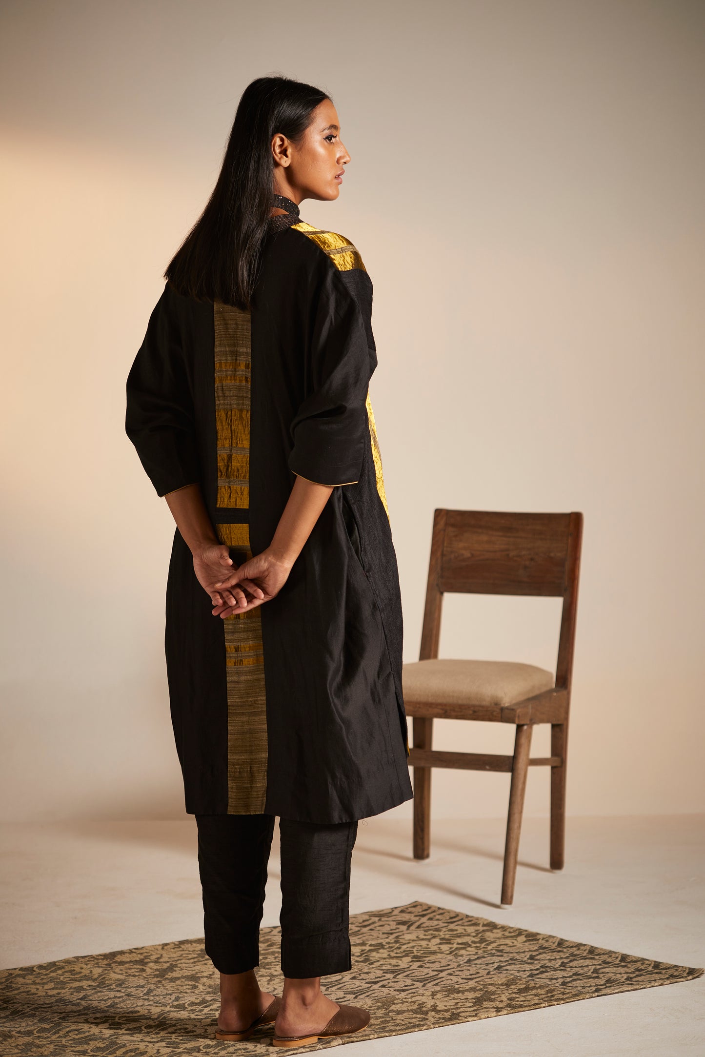 Kimono Kurta in Black and Gold Handwoven Pure Silk with Pants
