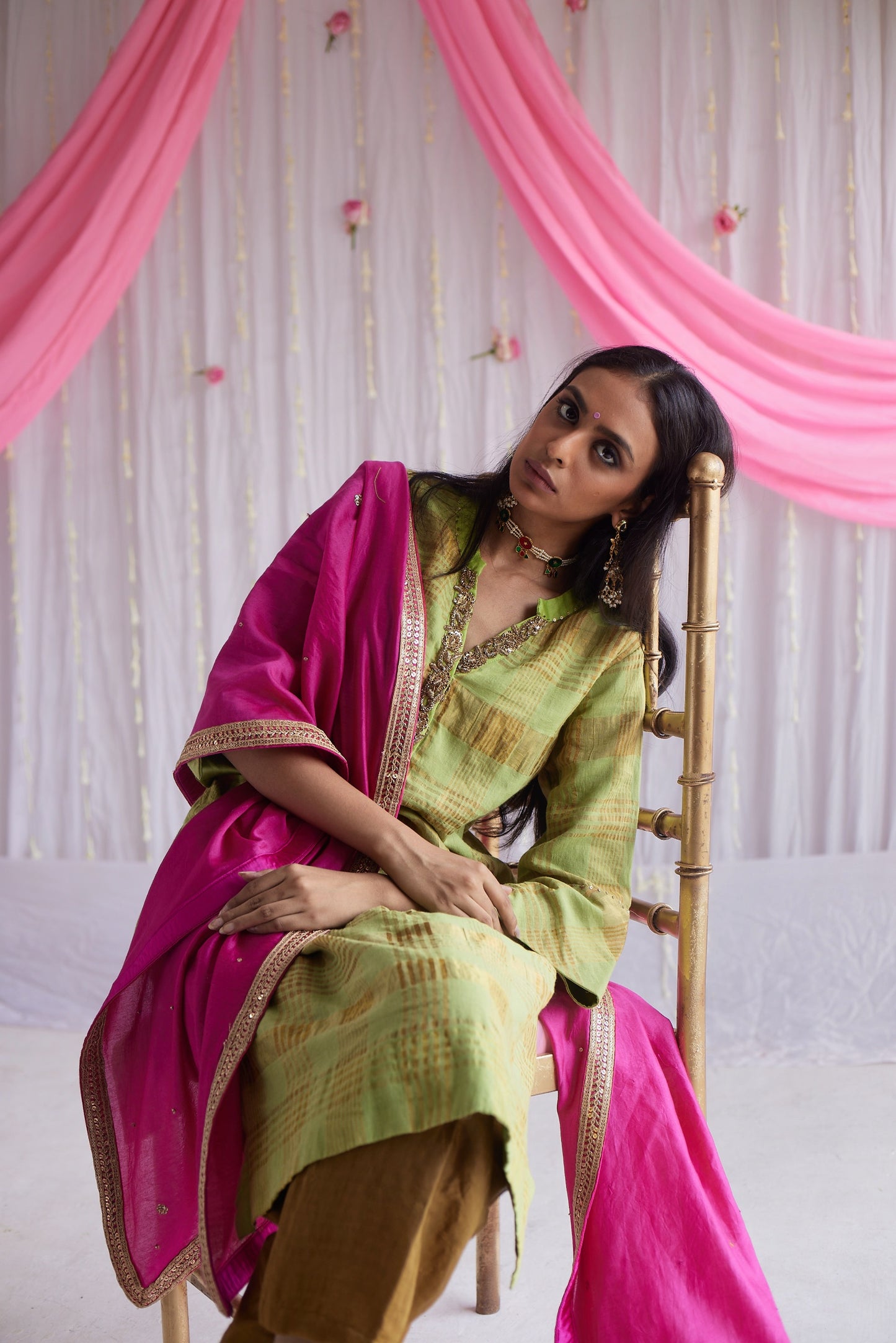 Mini Kurta in Citrus Green Grid Checks with Shalwar.