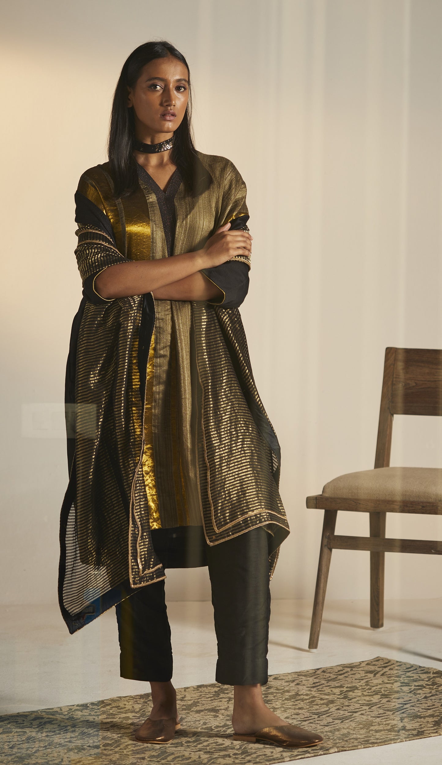 Dupatta in Black Tissue stripes