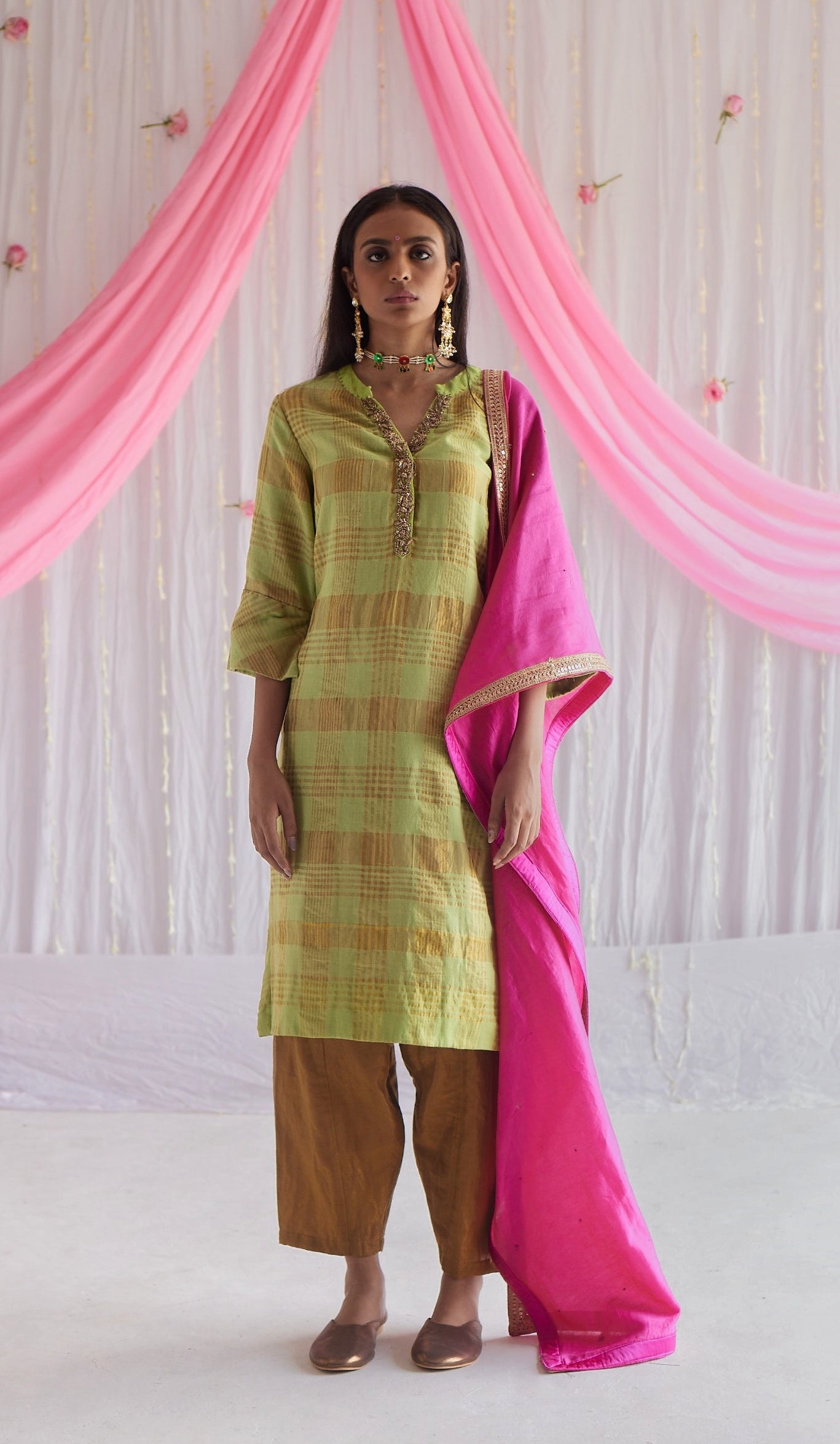 Mini Kurta in Citrus Green Grid Checks with Shalwar.