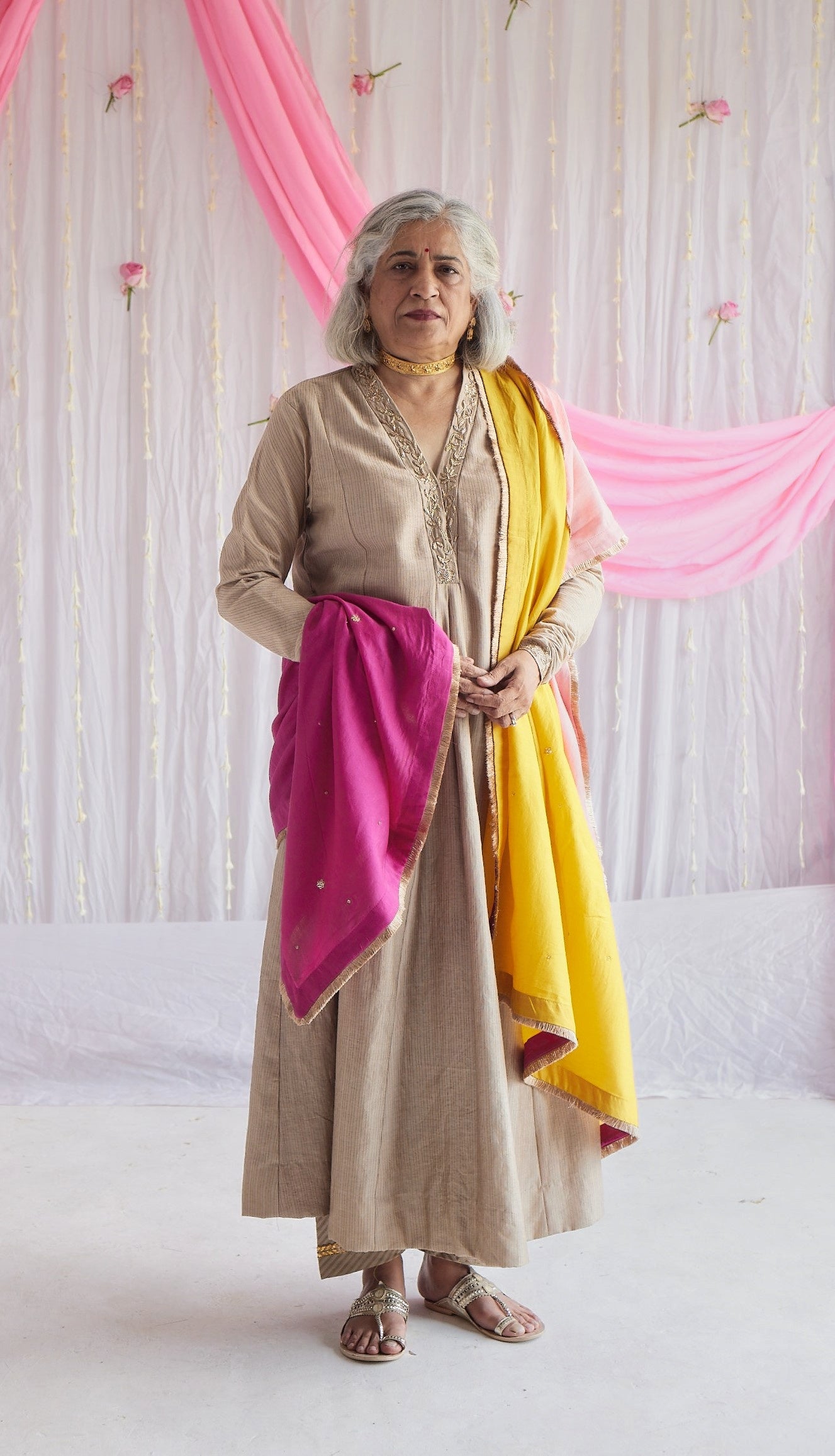 Sashiko in Pearl Beige Stripe Print Chanderi with Pants and Dupatta