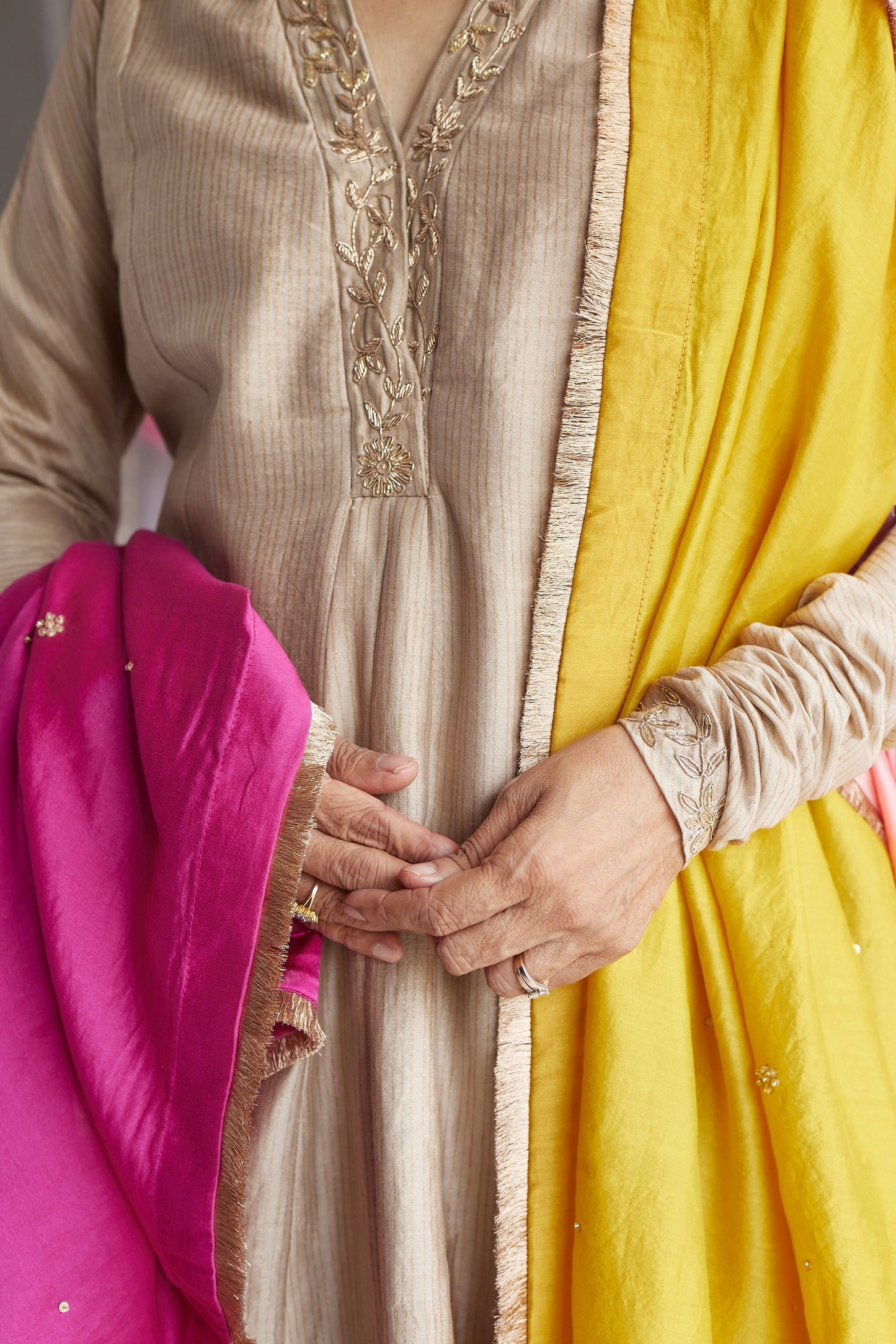 Sashiko in Pearl Beige Stripe Print Chanderi with Pants and Dupatta